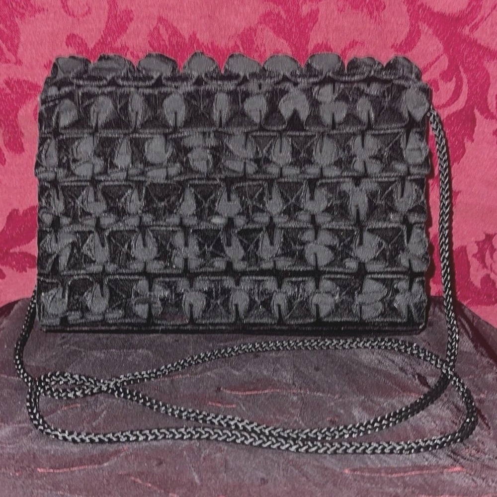 La Regale Black Velvet Smocked Evening Clutch Crossbody Bag Braided Strap